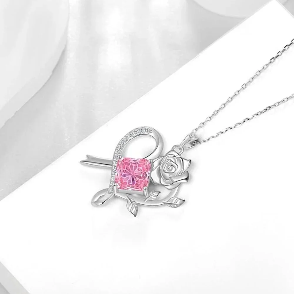 Sterling Silver Pink Heart Ribbon Necklace Breast Cancer Awareness Pendant NWT - Picture 4 of 6